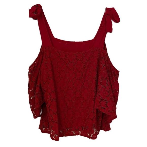 Anthropologie Sundays In Brooklyn Red Lace Overlay Cold Shoulder Top | Size Medi - Picture 3 of 6